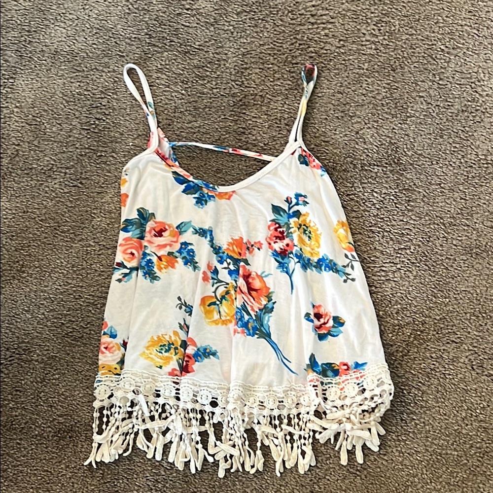 Full Tilt Floral Fringe Bar Back Crop Tank
